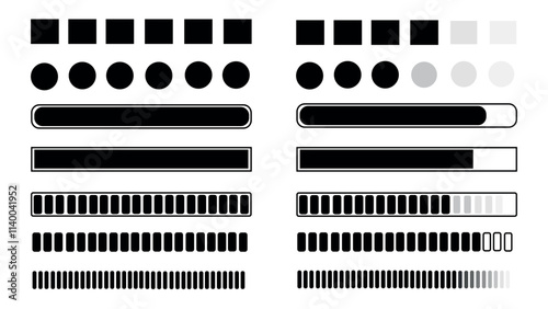 Collection of vector icons loading, buffering symbols for websites, load bar, set of buffer loader, load indicators, remaining time, loading bar status icons, buffering pictograms on white background