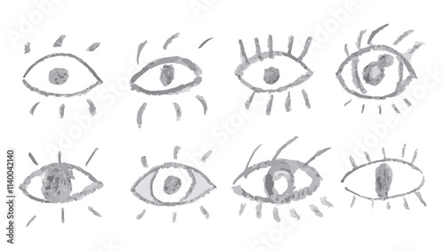 Chalk drawn vector eyes collection, hand drawn vector human parts of faces elements, various opened eyes, cartoon style eyes, vision icons of different designs, collection of charcoal brown eyes