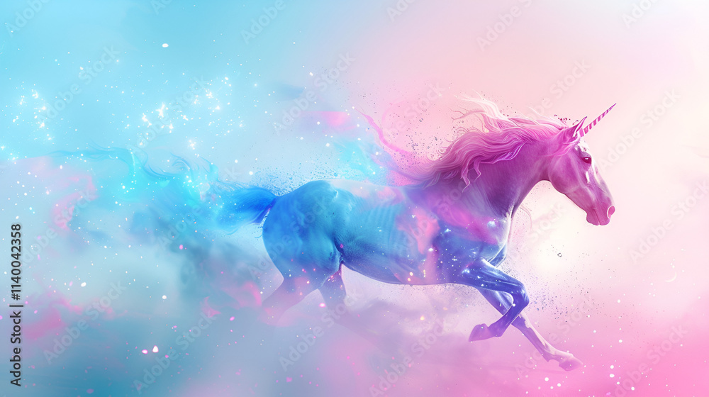 A Magical Unicorn Gliding Through a Sparkling Pink Sky
