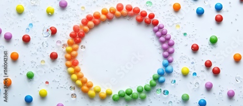 Colorful circular arrangement of skittles candy on a white background with bright rainbow effect and water droplets for a vibrant visual appeal