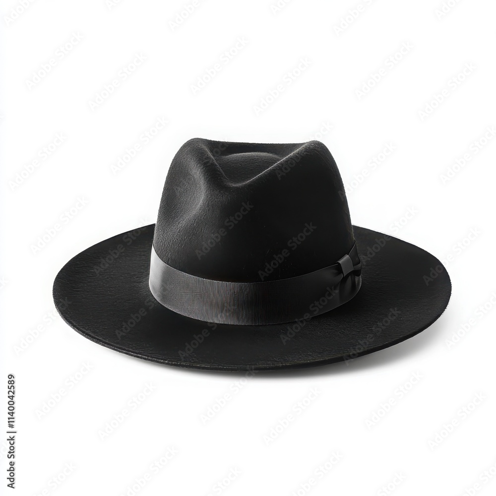 A stylish black fedora with a wide brim and a sleek band on a white background A stylish black fedora with a wide brim and a sleek band on a white background