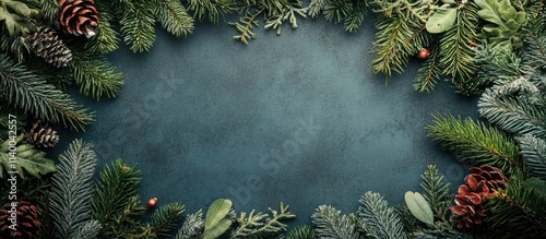 Christmas foliage backdrop with pinecones and festive greenery for creative seasonal design and advertising. Ideal for holiday themes. photo