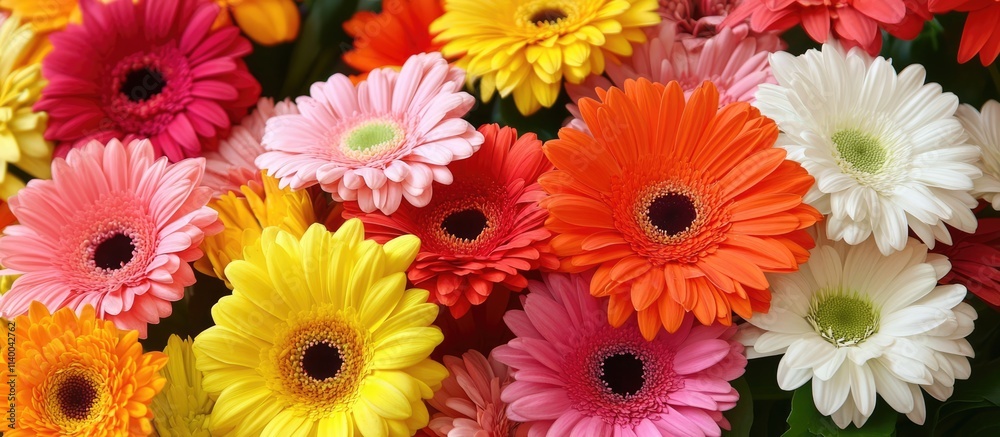 Vibrant closeup of a mixed bouquet featuring colorful gerbera daisies in various shades and textures for floral design or decoration themes Vibrant closeup of a mixed bouquet featuring colorful gerbera daisies in various shades and textures for floral design or decoration themes