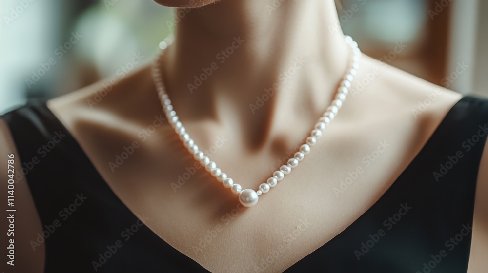 Elegant Close-up of a Pearl Necklace on a Fashionable Model Elegant Close-up of a Pearl Necklace on a Fashionable Model