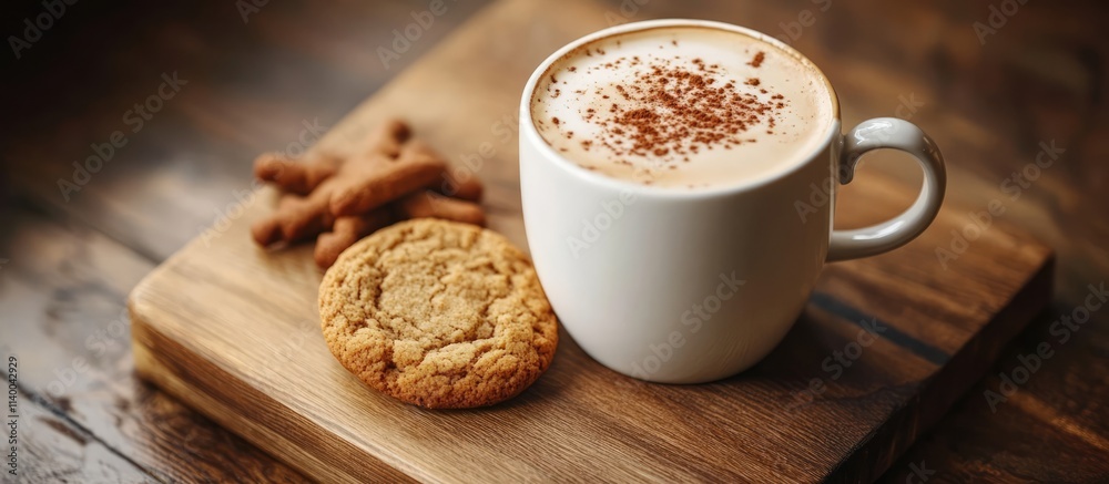 Warm coffee with milk and gingerbread cookies on wooden surface cozy winter beverages Warm coffee with milk and gingerbread cookies on wooden surface cozy winter beverages