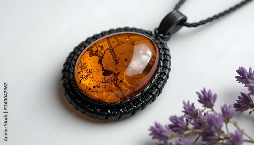 Black leather pendant amulet featuring orange amber on a white background with mimosa Black leather pendant amulet featuring orange amber on a white background with mimosa