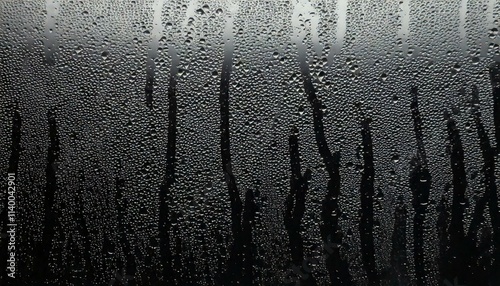 closeup view capturing the intricate condensation of fog on a window glass surface, showcasing the delicate patterns and textures formed as moisture interacts with the cold glass, creating a misty eff