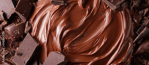 Decadent silky chocolate spread atop rich dark chocolate pieces in a gourmet dessert composition