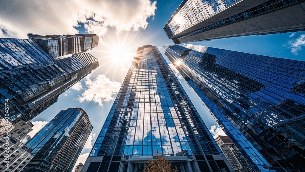 Naklejka premium high-resolution photograph showcasing a modern urban landscape with a focus on architectural elements. The layout is dynamic, featuring a low-angle perspective that emphasizes the towering skyscraper