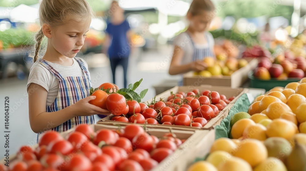 A young girl selects fresh tomatoes at a vibrant farmers market, showcasing the joy of healthy eating and community.