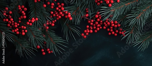 Christmas decoration with fir tree branches and red berries on a dark background ideal for festive themed designs and seasonal marketing materials photo