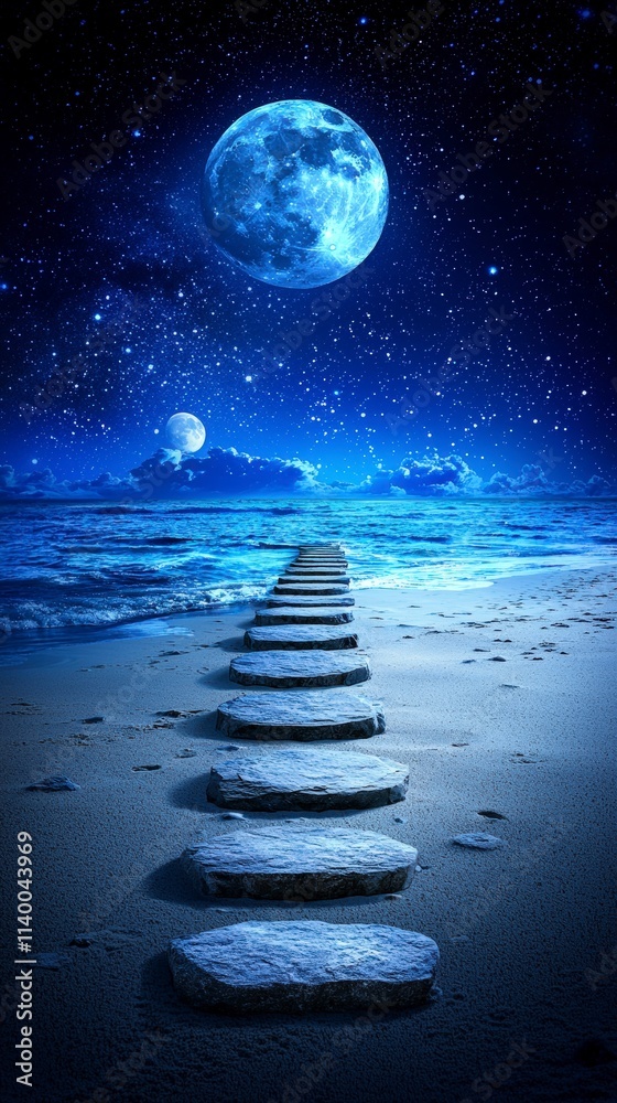 Obraz premium Serene Night Moonlit Ocean Path Stones Stars Galaxy