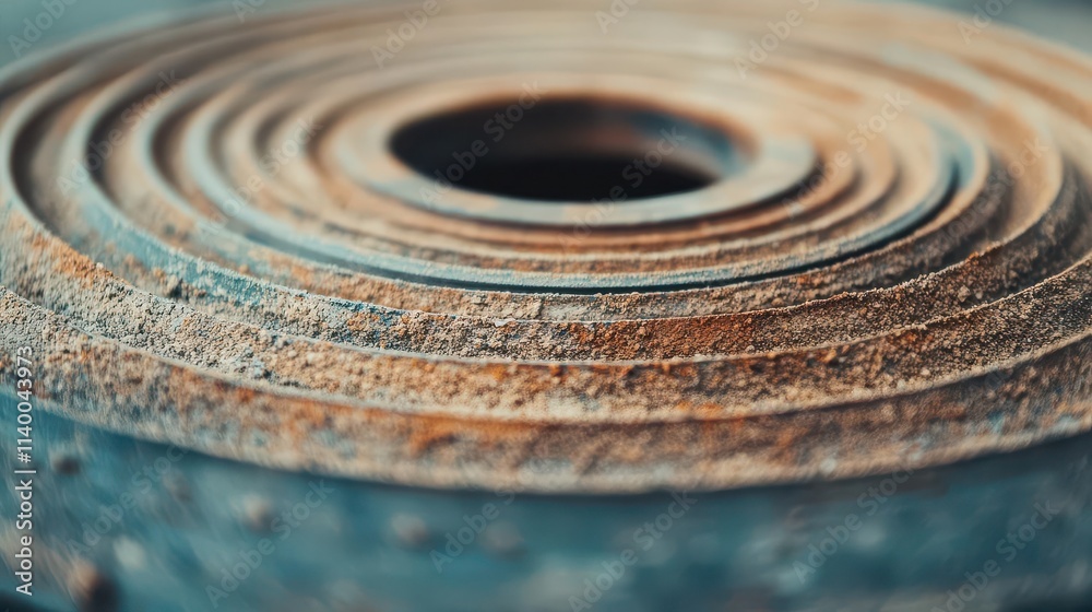 Close-up of a textured, rusted metal coil, highlighting its circular layers and intricate details in sunlight. Close-up of a textured, rusted metal coil, highlighting its circular layers and intricate details in sunlight.