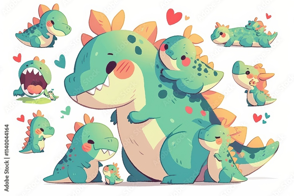 Obraz premium Cute cartoon dinosaurs displaying various emotions and interactions.