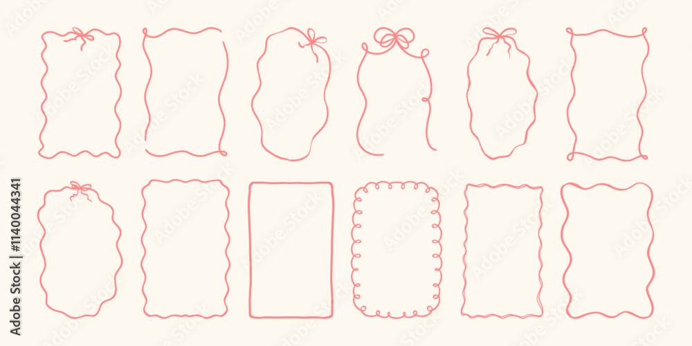 Cute vintage wavy hand drawn coquette frames. Vector illustration of squiggle borders with bows in whimsical French retro style for birthday banner, Christmas menu or wedding invitation