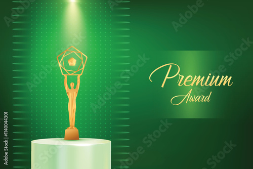 Golden Premium Luxury Award With Glowing Spotlight Beam On Green Background. Royal Ethnic Theme Elements Concept Design Vector Illustration For Grand Music Concert, Movie, Party, Festival Celebration 