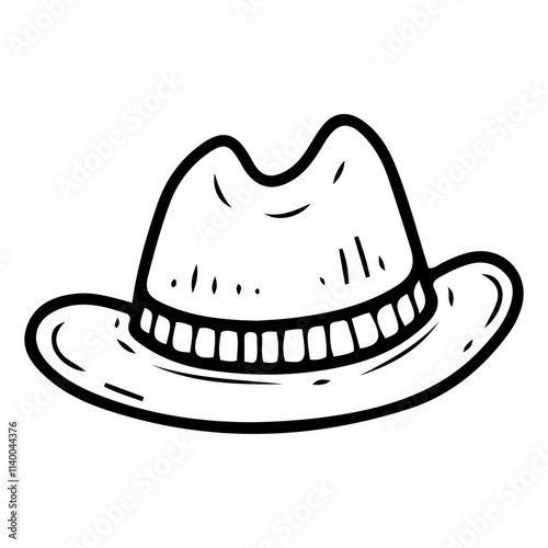 Felt hat hand drawn doodle. Man's clothing accessory. Traditional headdress. Cap on head. Fabric item of classic suit. Vector line art illustration.