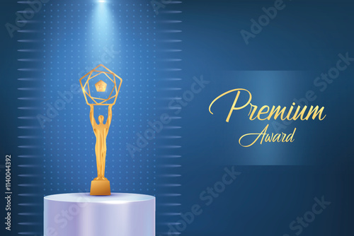 Golden Premium Luxury On Carpet Blue Abstract Background. Royal Ethnic Theme Elements Concept Design Vector Illustration For Grand Music Concert, Movie, Party, Festival Celebration Etc.