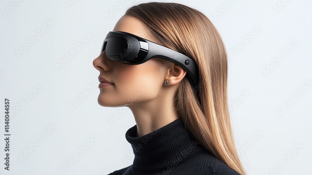 Woman wearing smart glasses for augmented reality. Woman wearing smart glasses for augmented reality.