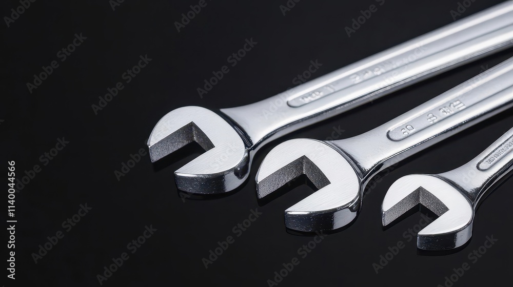 Set of chrome-plated wrenches displayed on a dark surface, showcasing durability and precision for mechanical tasks. Set of chrome-plated wrenches displayed on a dark surface, showcasing durability and precision for mechanical tasks.