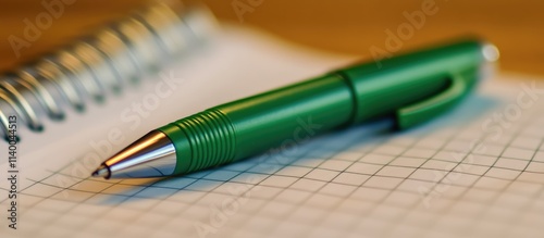 Green pen resting on a notepad showcasing a calendar reminder concept for productivity and organization themes photo