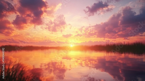 Serene sunset with vibrant clouds reflected in calm waters surrounded by lush greenery