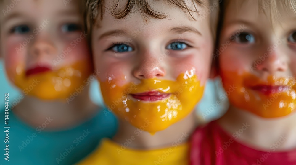 Three joyful children with painted faces, showcasing creativity and fun with bright colors. A playful moment captured brilliantly. Three joyful children with painted faces, showcasing creativity and fun with bright colors. A playful moment captured brilliantly.