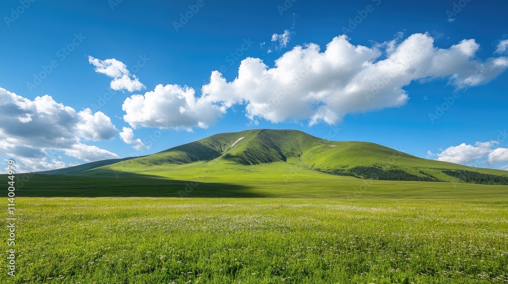 Fototapeta premium Scenic hills under blue skies with clouds showcasing vibrant green meadows and a prominent mountain landscape in a tranquil region