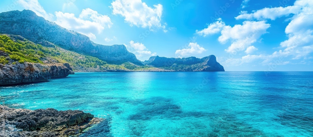 Fototapeta premium Turquoise blue sea with mountains and clouds under a clear sky on a sunny day creating a serene coastal landscape scene.