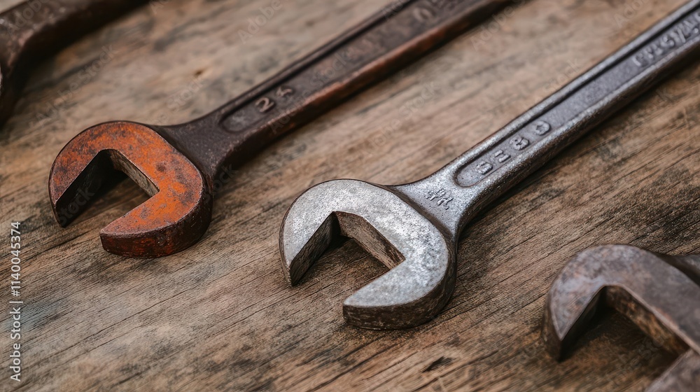A close-up of various wrenches, showcasing their rustic textures and colors against a wooden background. A close-up of various wrenches, showcasing their rustic textures and colors against a wooden background.