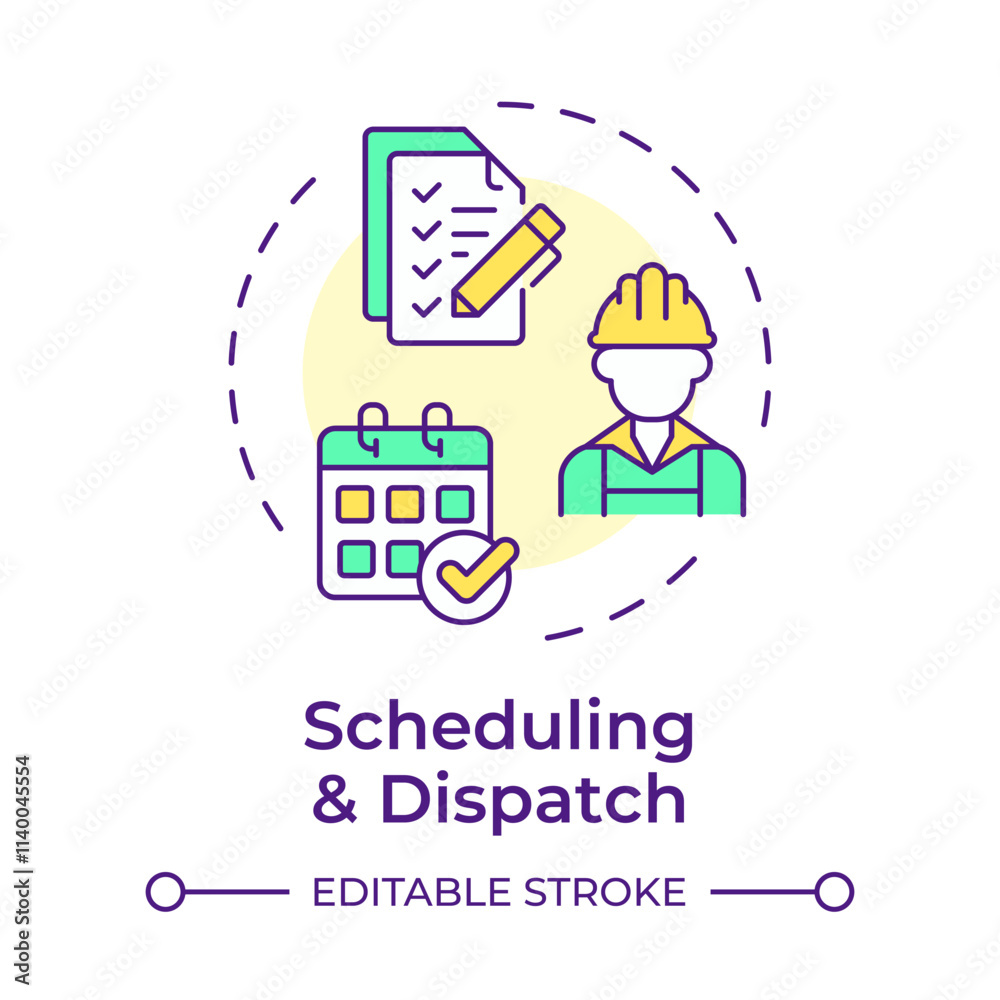 Scheduling and dispatch multi color concept icon. Key component of FSM. Field service management. Round shape line illustration. Abstract idea. Graphic design. Easy to use in article Scheduling and dispatch multi color concept icon. Key component of FSM. Field service management. Round shape line illustration. Abstract idea. Graphic design. Easy to use in article