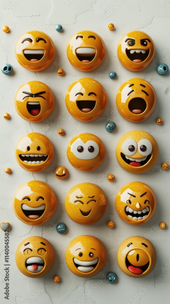 Fototapeta premium A colorful arrangement of various emoji faces on a light background.