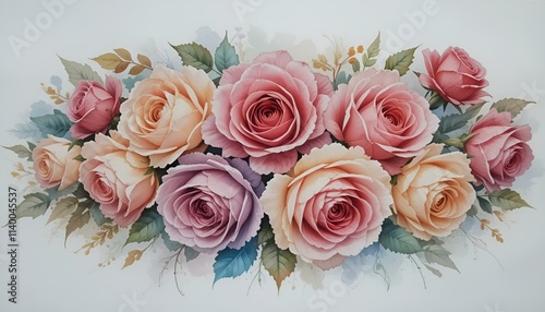 Watercolor painting of pink and peach roses with green leaves