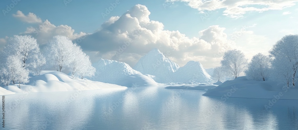 Fototapeta premium Serene winter landscape featuring snow-covered trees and a calm reflective lake under a clear blue sky and fluffy clouds