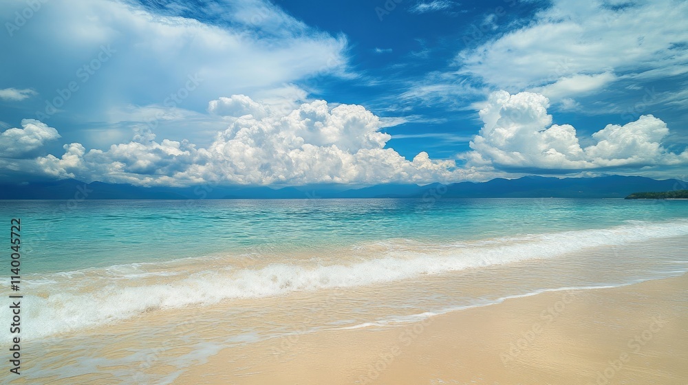 tranquil beach scene with vibrant clouds and turquoise water under a bright blue sky inviting relaxation and serenity tranquil beach scene with vibrant clouds and turquoise water under a bright blue sky inviting relaxation and serenity