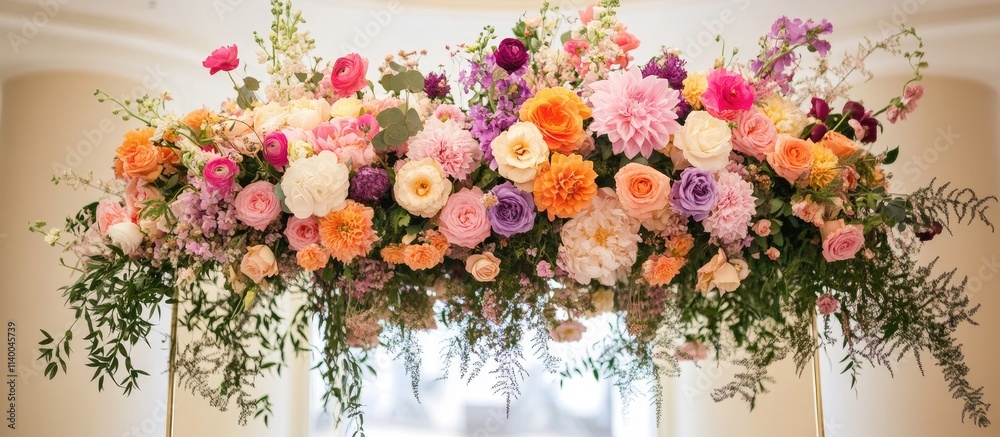 Fototapeta premium Wedding ceremony floral decoration with vibrant blooms and greenery for an elegant backdrop