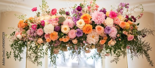 Wedding ceremony floral decoration with vibrant blooms and greenery for an elegant backdrop
