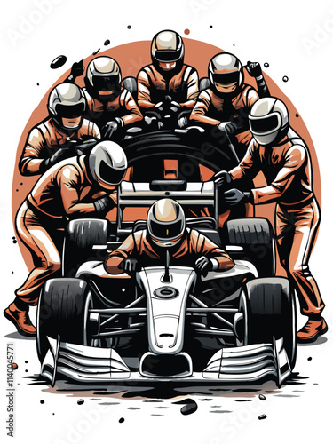 Create a stylized illustration of a Formula 1 pit stop, showcasing the frantic energy of the crew change.  Emphasize dynamic poses and vibrant colors.