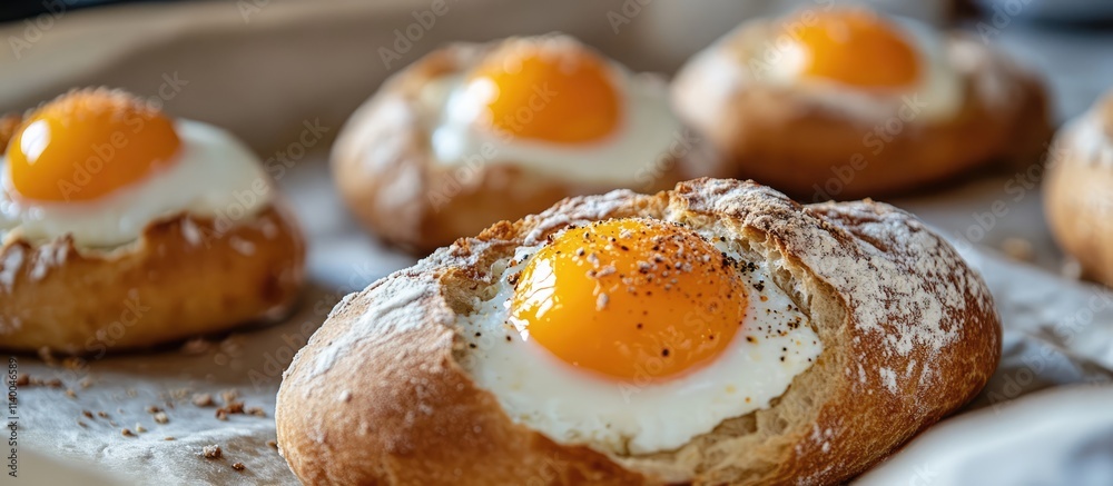 Freshly prepared uncooked bread rolls topped with vibrant egg yolks ready for baking on parchment paper in a rustic kitchen setting. Freshly prepared uncooked bread rolls topped with vibrant egg yolks ready for baking on parchment paper in a rustic kitchen setting.