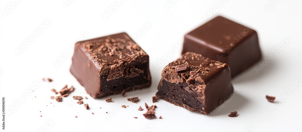 Assorted rich chocolate pralines with shavings on a white background for dessert presentations and gourmet advertising. Assorted rich chocolate pralines with shavings on a white background for dessert presentations and gourmet advertising.