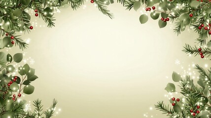 Festive christmas greenery with eucalyptus, pine branches, and red berries creating a border on a neutral beige backdrop