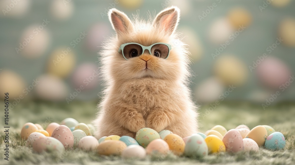 Fototapeta premium Adorable Easter Bunny with Sunglasses Pastel Eggs