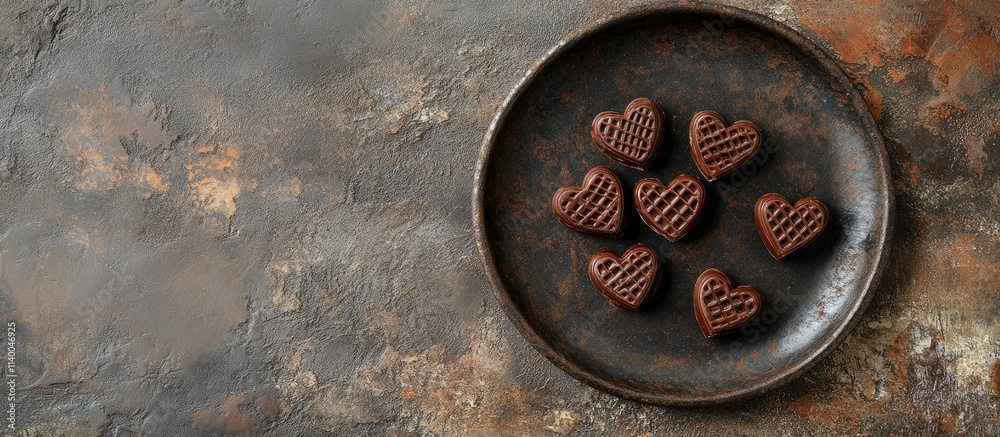 Heart-shaped chocolate waffles on a rustic ceramic plate against a textured backdrop creating an appealing still life composition.