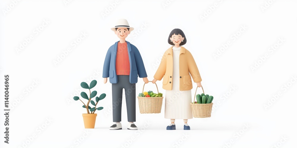 Obraz premium Cheerful couple holding baskets of fresh produce and a potted plant indoors.