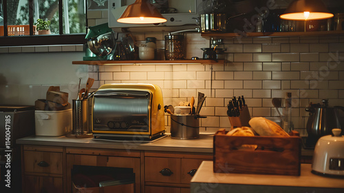 A cozy kitchen with soft lighting, a vintage breadbox, and retro appliances,