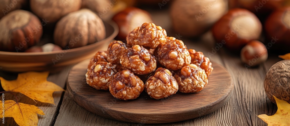 Chestnuts and panellets a festive treat for All Saints Day with autumn leaves and rustic decor in a warm cozy setting Chestnuts and panellets a festive treat for All Saints Day with autumn leaves and rustic decor in a warm cozy setting