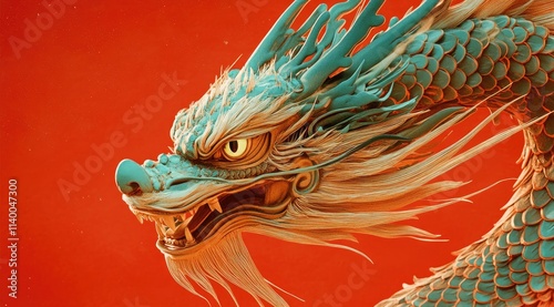 A red background with an Oriental dragon painted in turquoise and blue, close-up of the head