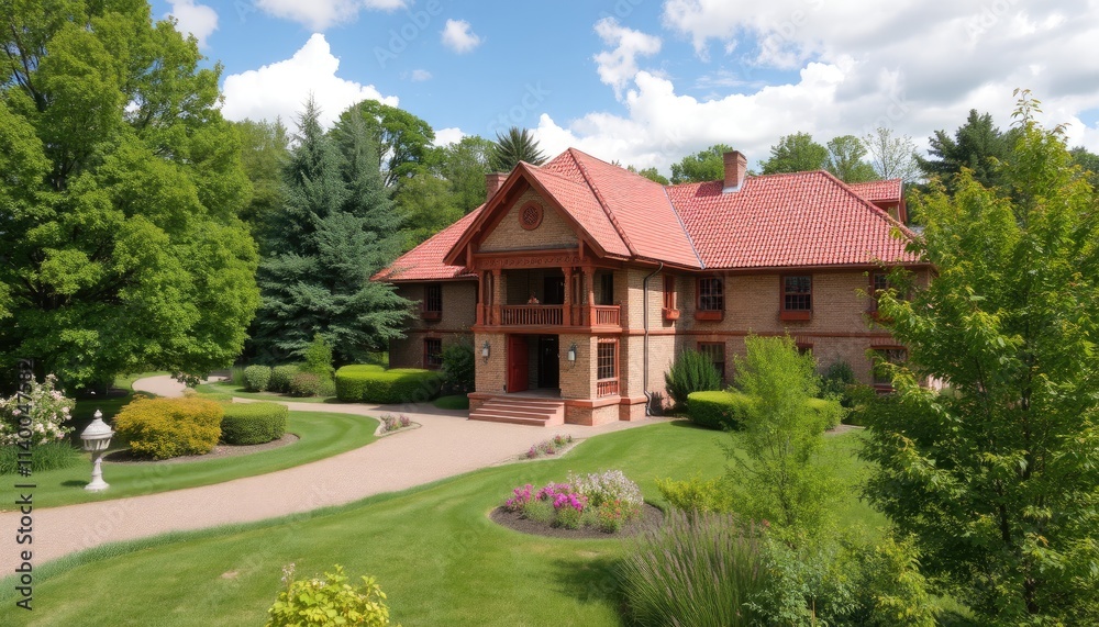Expansive Brick Home with Red Tile Roof, Lush Green Landscape, and Winding Pathways Expansive Brick Home with Red Tile Roof, Lush Green Landscape, and Winding Pathways