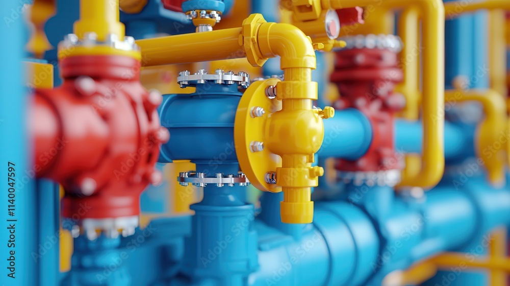 Detailed Close-Up of Colorful Industrial Pipelines and Valves in a Modern Biofuel System Featuring Advanced Nano Technology and Precision Mechanics