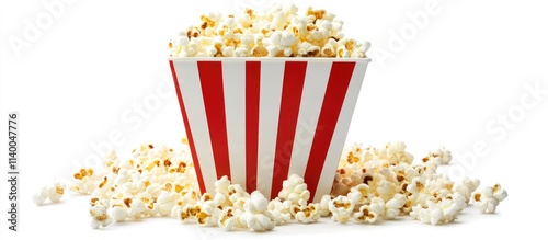 Clapperboard and striped popcorn bucket on a white background for film and cinema themed concepts photo